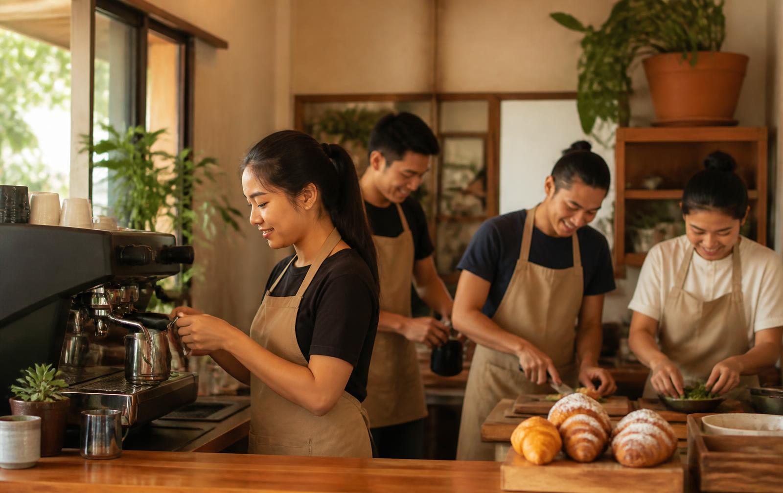 Trainees learning barista and culinary skills in a community café